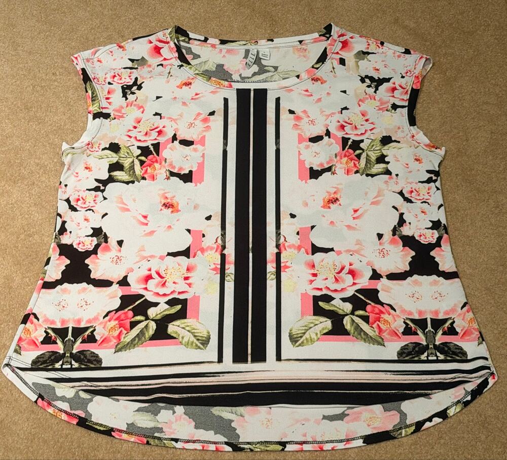 ELLE Womens Top Large White Pink Floral Black Stripes Sleeveless Blouse Shirt